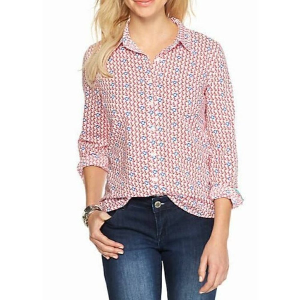 NEW Crown & Ivy Womens Size Petite Anchor Away Button Up Shirt Nautical Cotton